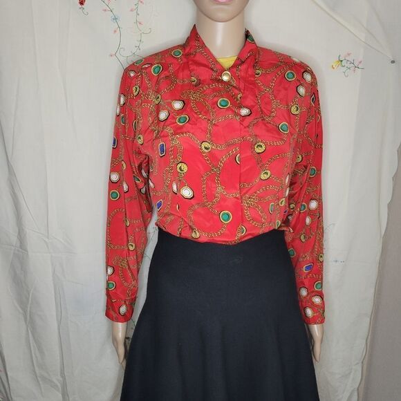 HP🎀Josephine Petites long sleeve red chain pattern button down shirt. - Picture 9 of 12